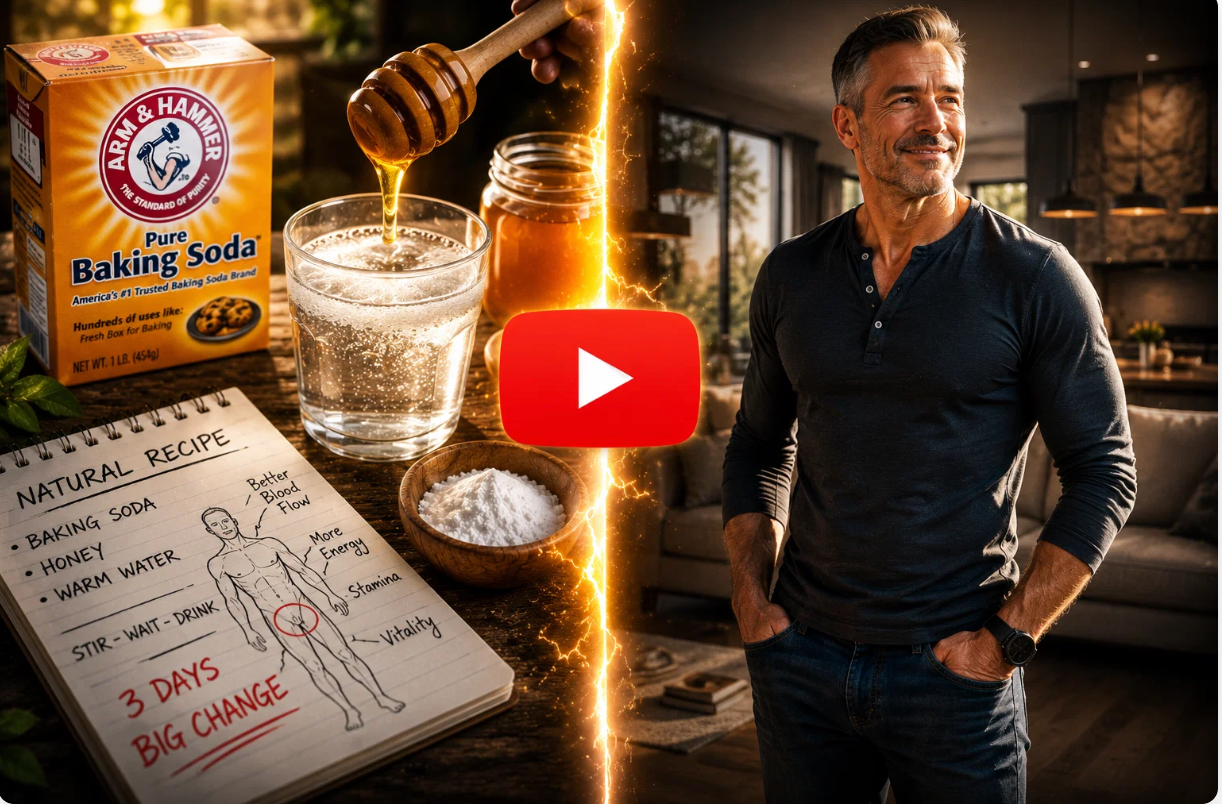 Illustration of honey, baking soda, a glass of water, and a man